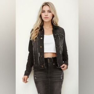 Boutique Brand Sherpa Lined Black Denim Jean Jacket Raw Frayed Hem Size XS/Small
